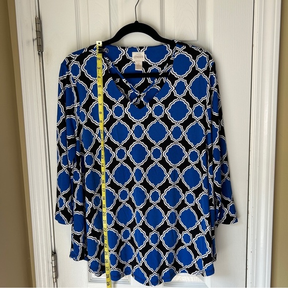 Chico's Tops - Chico's, Large blue, black and white, pullover blouse with a crisscross detail